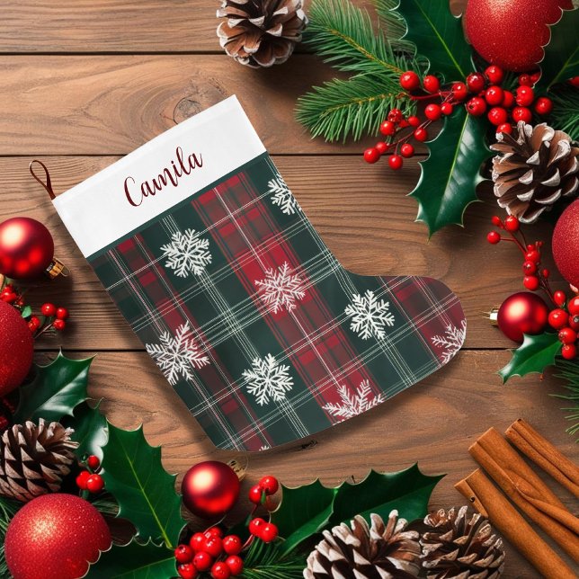 Calcetín Navideño Grande Elegantes copos de nieve clásicos de enredadera (Elegant Vintage Classic plaid Snowflakes Large Christmas Stocking)