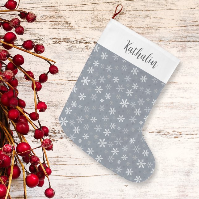 Calcetín Navideño Grande Elegantes copos de nieve grises de época (Elegant Vintage Grey Snowflakes Large Christmas Stocking)