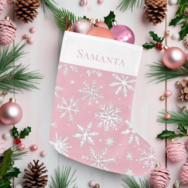 Calcetín Navideño Grande Elegantes copos de nieve rosada (Elegant Vintage Pink Snowflakes Large Christmas Stocking)
