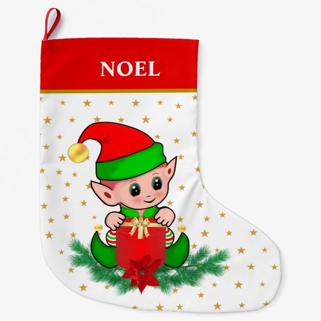 Calcetín Navideño Grande elfo navidad, estrellas, poinsettia y pino (Anverso)