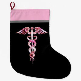 Calcetín Navideño Grande Enfermera Caduceus Símbolo médico negro rosado