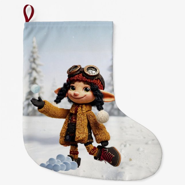 Calcetín Navideño Grande Enjoying A Snow Day (Anverso)