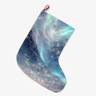 Calcetín Navideño Grande Escena invernal de Luces del Norte Felices Fiestas