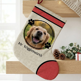 Calcetín Navideño Grande Estampa Rústica de Pata en Arpillera Roja Burlap F