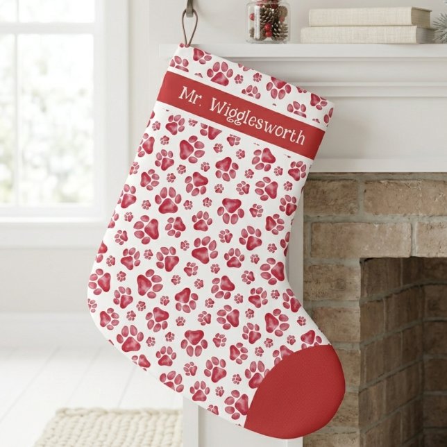Calcetín Navideño Grande Estampado de Huella de Garra de Acuarela Roja (Red watercolor paw print Christmas stocking — festive holiday gift idea for an animal lover.)