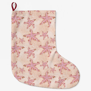 Calcetín Navideño Grande Estrella de mar y coral rosa patrón pastel