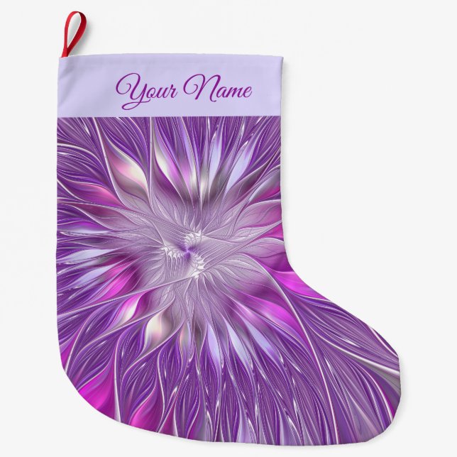 Calcetín Navideño Grande Estrella rosa morada de la flor abstracta nombre d (Anverso)