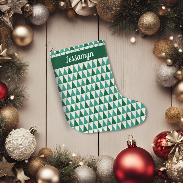 Calcetín Navideño Grande Estrellas Purpurinas modernas de mediados del sigl (Mid Century Modern Glitter Star Trees Large Christmas Stocking)