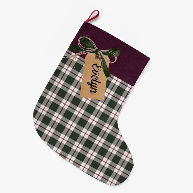 Calcetín Navideño Grande Etiqueta Kraft personalizada Berry Red Green Cream (Frente (Colgado))