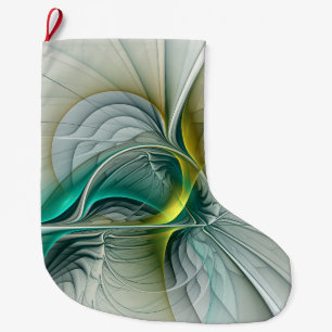 Calcetín Navideño Grande Evolución fractal, arte abstracto de turquesa dora