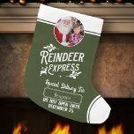 Calcetín Navideño Grande Exprés de renos de Santa Sede y foto verde<br><div class="desc">Añada un toque especial mágico a su pequeño regalo de Santa Claus con un personalizado de vacaciones verdes y blancas provisiones de reno express! Este diseño personalizado de Navidades también ofrece la posibilidad de añadir el nombre de su hijo y una foto.</div>