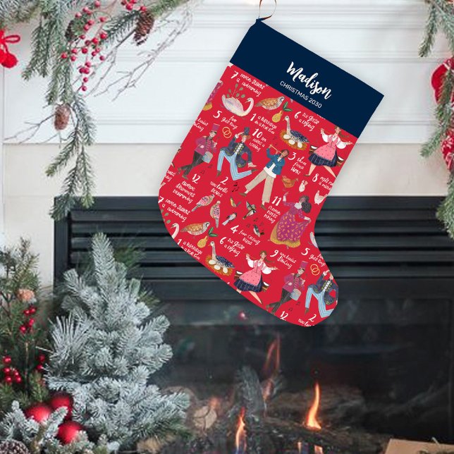Calcetín Navideño Grande Fa La La Navidades 12 días de Navidades Rojo (12 days of Christmas Stocking)