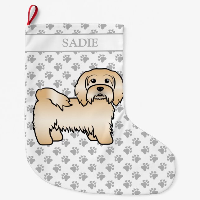 Calcetín Navideño Grande Fawn Havanese adoró caricatura Ilustracion y nombr (Anverso)