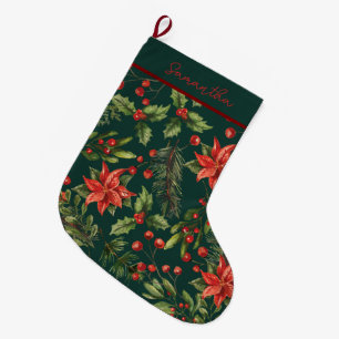 Calcetín Navideño Grande Felices Fiestas Botánico Acuarela Personalizado