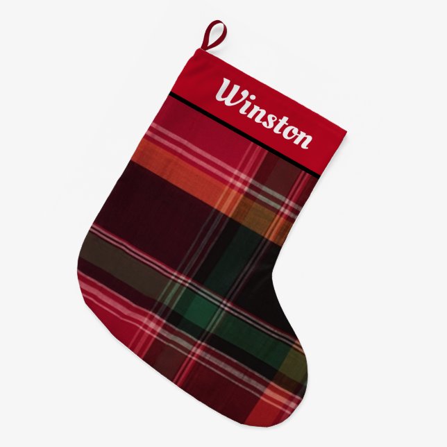 Calcetín Navideño Grande Felices Fiestas Modernas Madras Plaid Personaliza (Frente (Colgado))