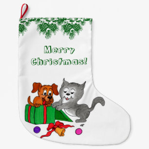 Calcetín Navideño Grande Feliz Navidad con gato y perro