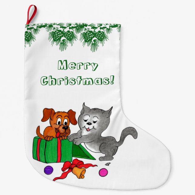 Calcetín Navideño Grande Feliz Navidad con gato y perro (Anverso)