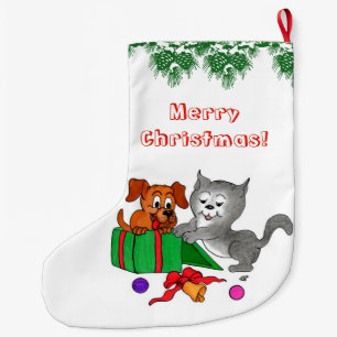 Calcetín Navideño Grande Feliz Navidad con gato y perro