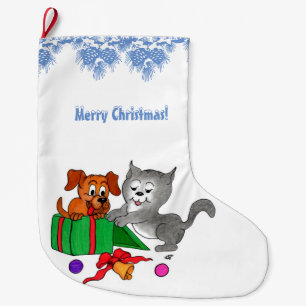 Calcetín Navideño Grande Feliz Navidad con gato y perro