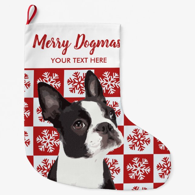 Calcetín Navideño Grande Feliz Navidad Dogmas Boston Terrier Perro festivo (Anverso)