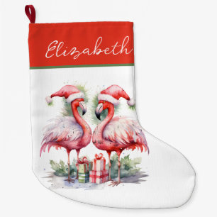Calcetín Navideño Grande Feliz Navidad Flamingos rosas