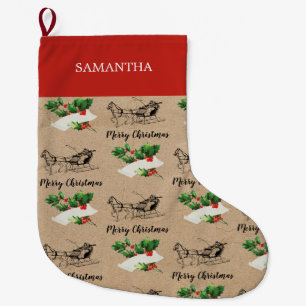 Calcetín Navideño Grande Feliz Navidad Holly Berries Winter Kraft Brown