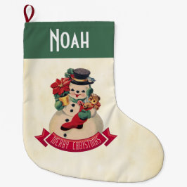 Calcetín Navideño Grande Feliz Navidad Muñeco de Nieve Vintage