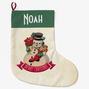 Calcetín Navideño Grande Feliz Navidad Muñeco de Nieve Vintage