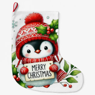 Calcetín Navideño Grande Feliz Navidad Pingüino