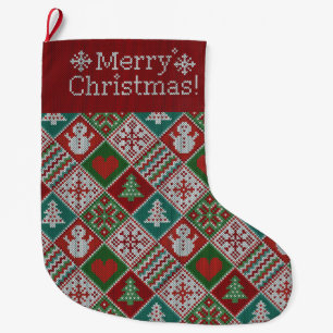 Calcetín Navideño Grande Feliz Navidad Rojo Verde Blanco Verde Rojo Patrón 