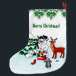 Calcetín Navideño Grande ¡Feliz Navidad! Snowman con sus amigos<br><div class="desc">Feliz Navidad! Hombre de nieve con amigos - Oso polar bebé,  alce,  conejo,  ~~~ Dibujo a lápiz de color de Krisi ArtKSZP ~~~ Categoría de la tienda >>> Feliz Navidad para niños >>> Hombre de nieve con amigos</div>