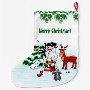 Calcetín Navideño Grande ¡Feliz Navidad! Snowman con sus amigos