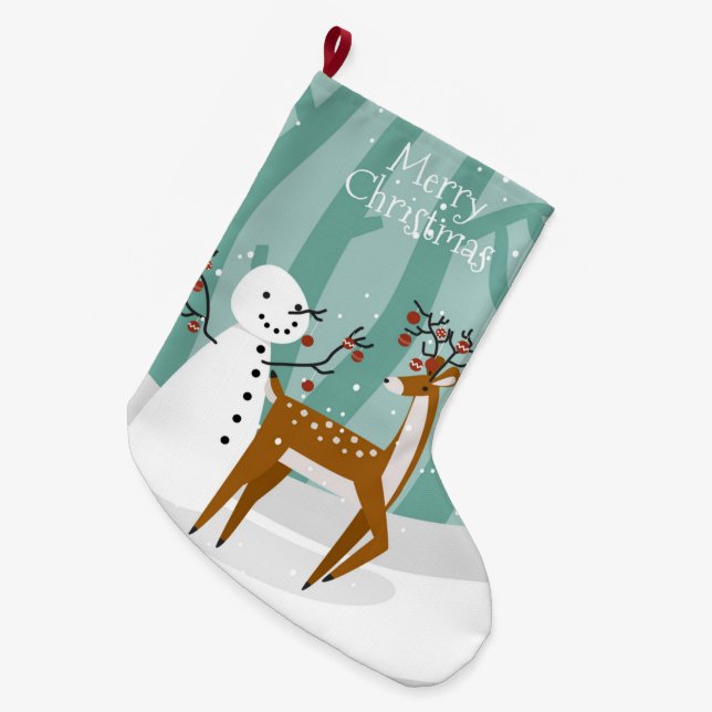 Calcetín Navideño Grande Feliz Navidad Snowman y renos (Frente (Colgado))