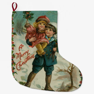 Calcetín Navideño Grande Feliz Navidad - tarjeta postal retro, niños, acebo
