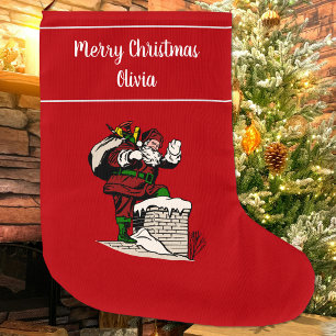Calcetín Navideño Grande Feliz Navidad Vintage Santa Personalizado Rojo