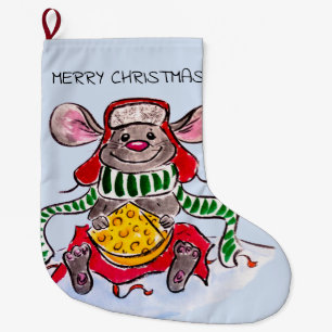 Calcetín Navideño Grande Feliz Navidad y Feliz Año Nuevo: Ratón de queso