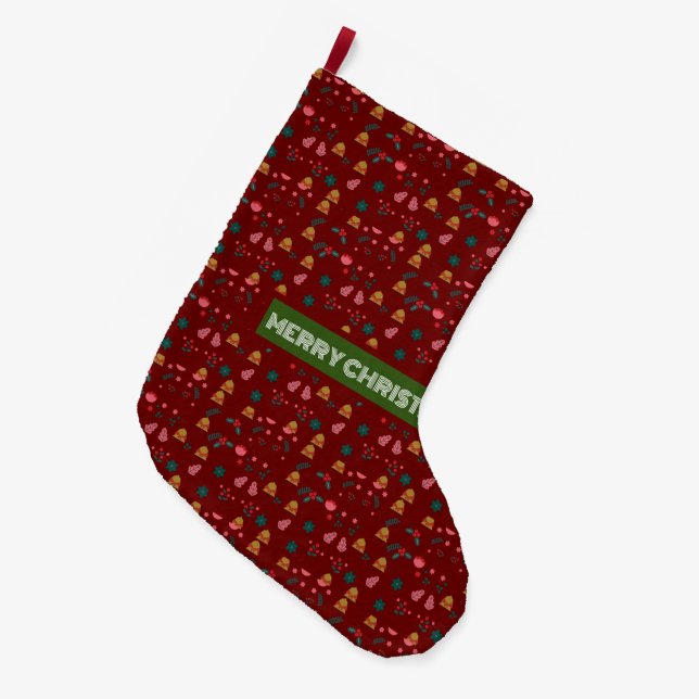 Calcetín Navideño Grande Feliz Patrón de Navidad Elegante (Frente (Colgado))