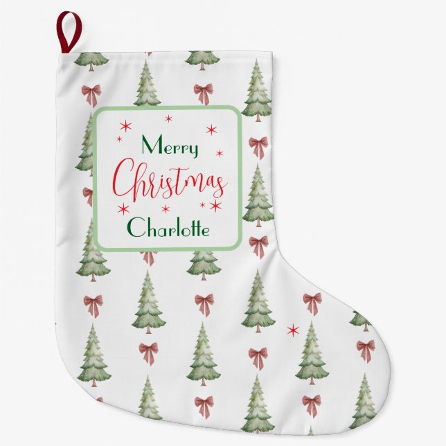 Calcetín Navideño Grande Festive Red Green Merry Christmas Name Stocking (Anverso)