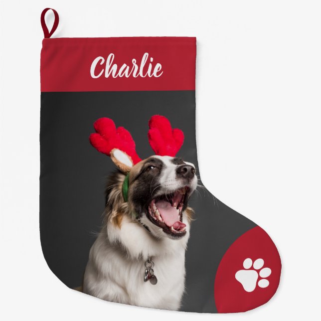Calcetín Navideño Grande Festividad de foto de perro Mascota personalizada (Anverso)