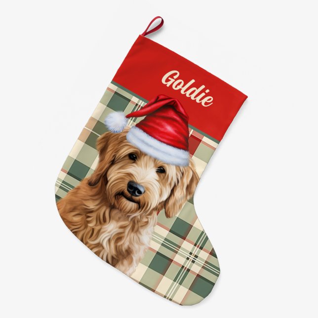Calcetín Navideño Grande Festividad de goldendoodle con nombre de perro (Frente (Colgado))