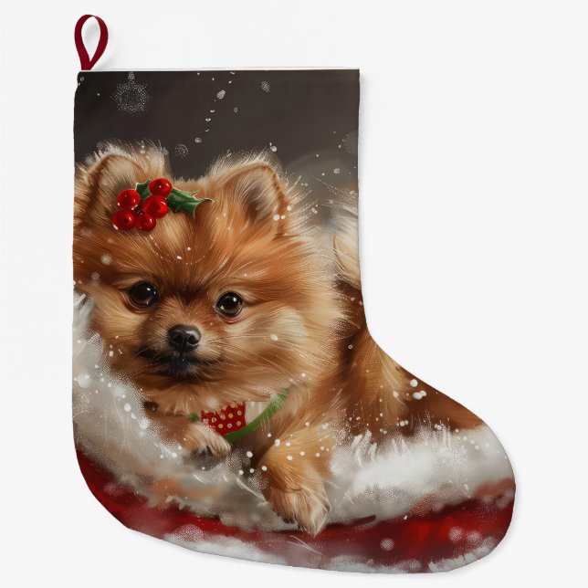 Calcetín Navideño Grande Festividad de los Navidades de perro de Pomerania (Anverso)