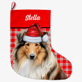 Calcetín Navideño Grande Festividad de Perro de Collie rudo personalizada