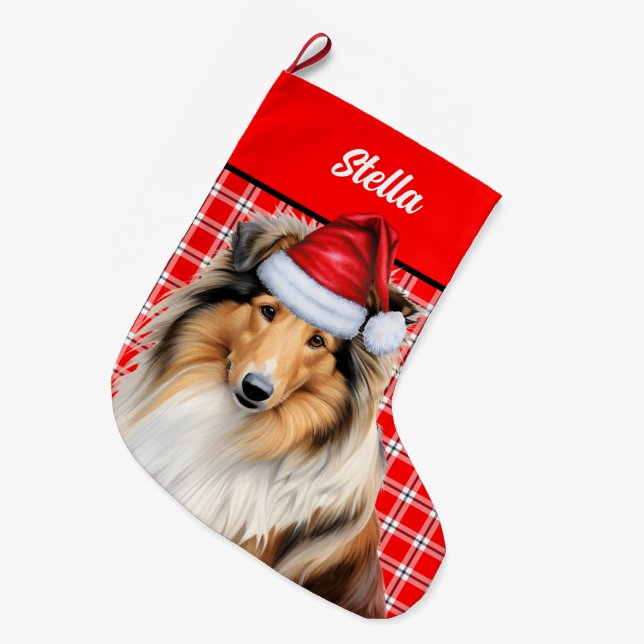 Calcetín Navideño Grande Festividad de Perro de Collie rudo personalizada (Frente (Colgado))
