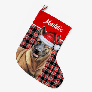 Calcetín Navideño Grande Festividad en rojo malinois belga con nombre de pe