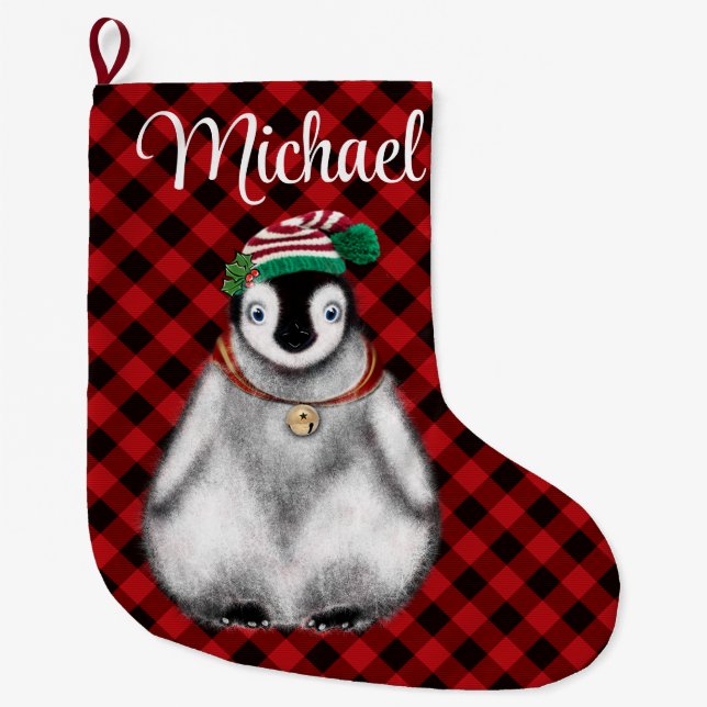 Calcetín Navideño Grande Festividad festiva lindo Pingüino negro plaid (Anverso)