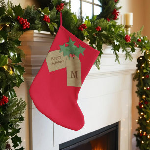 Calcetín Navideño Grande Festividad Holly Sprig Red Monogrammed Felices Fie