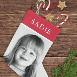 Calcetín Navideño Grande Festividad Roja Moderna Foto + Fiesta de nombre