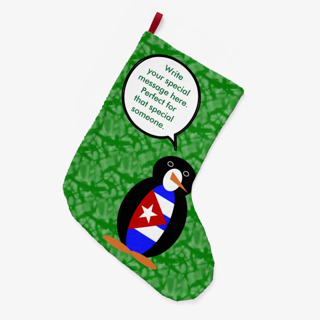 Calcetín Navideño Grande Fiesta de la bandera cubana Sra. Penguin hablando (Frente (Colgado))