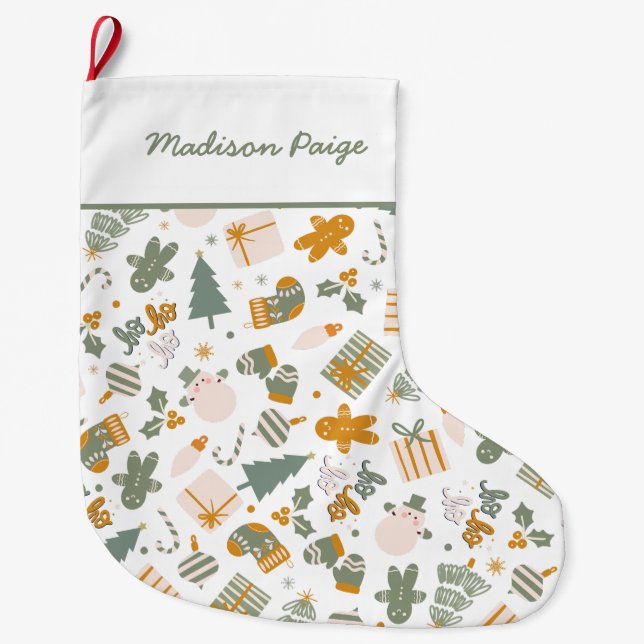 Calcetín Navideño Grande Fiesta de Navidad con temática verde y dorado (Anverso)