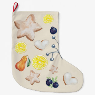 Calcetín Navideño Grande Fiesta de Navidad Pan de Jengibre y Limón Acuarela